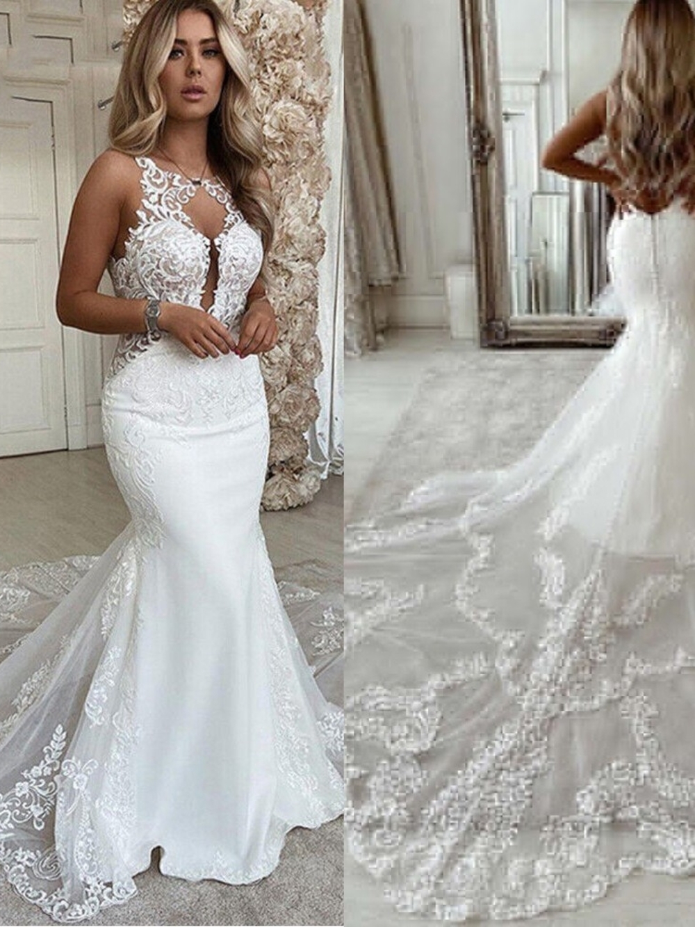 Elegant White Lace Mermaid Wedding Dress with Illusion Bodice